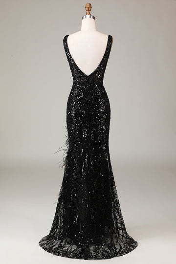 Black Sparkly Deep V-neck Mermaid Ball Dress with Feathers